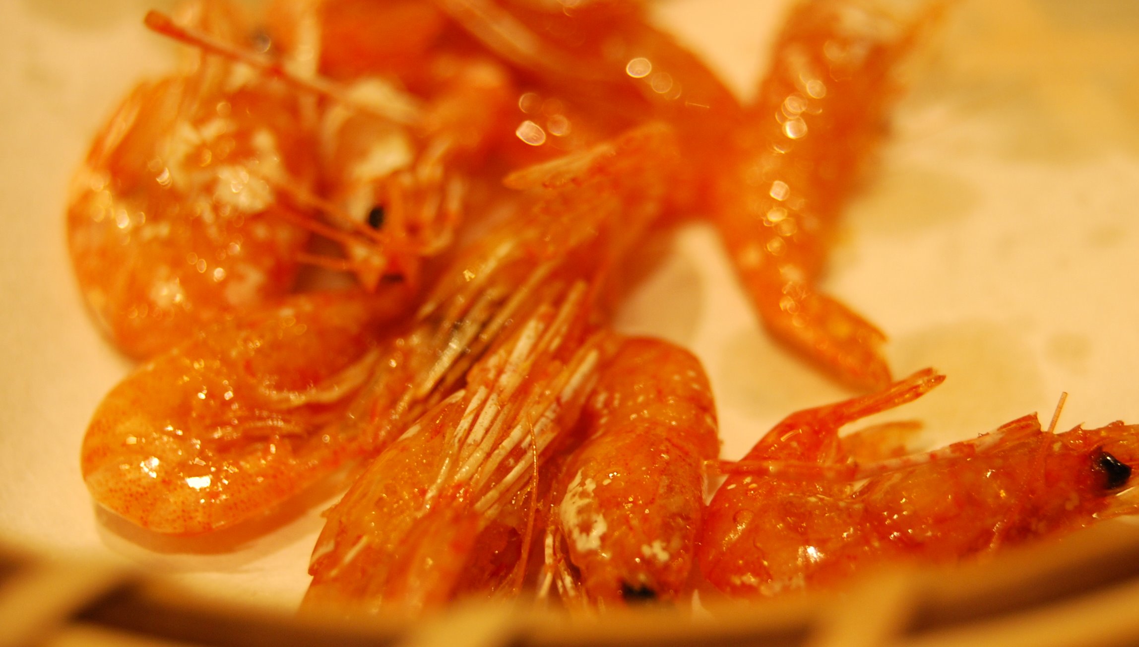 two orange shrimp are in a bowl