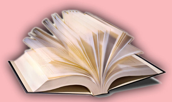 an open book, isolated against a pink background