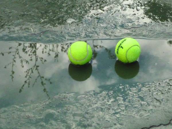 two tennis balls laying in a dle of water