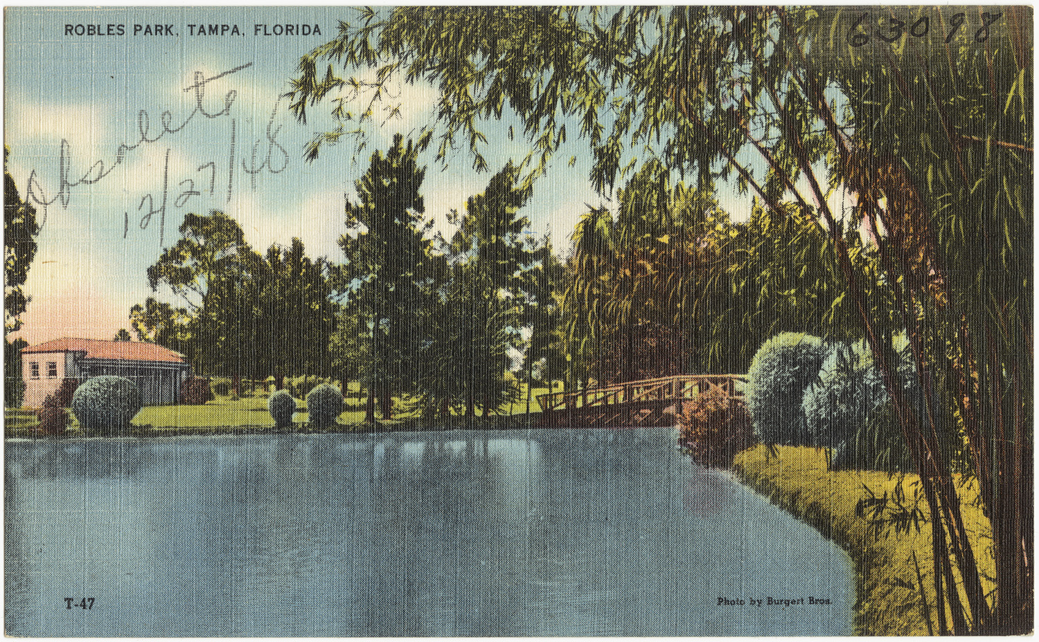 the old postcard features an impression of trees and a body of water