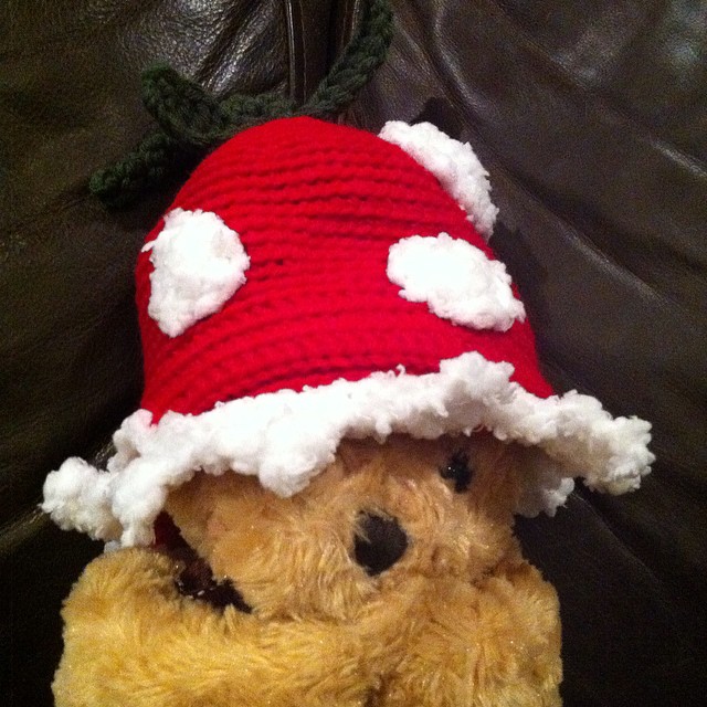 a stuffed animal with a red and white hat