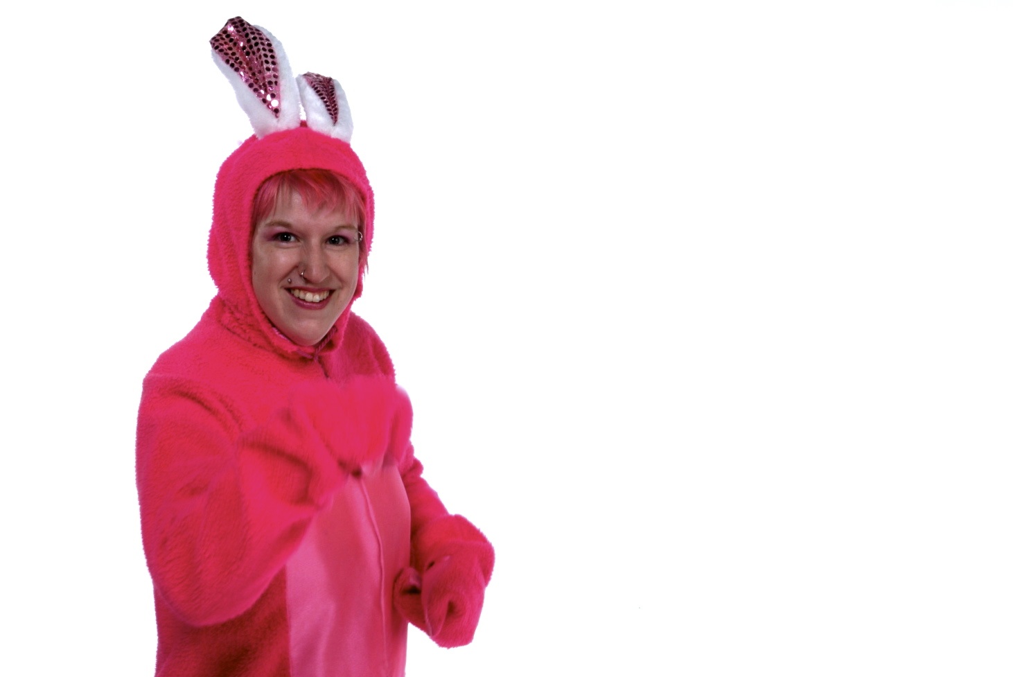 a woman wearing a bright pink costume for halloween