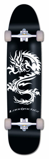 a skateboard with an dragon design and silver wheels