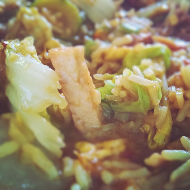 rice is covered with vegetables and chicken meat