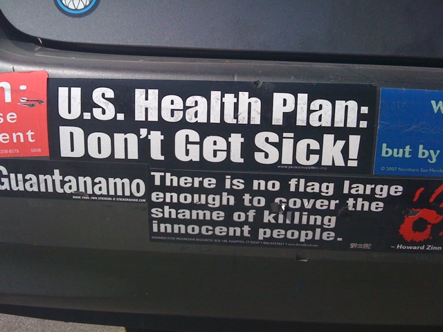 sticker on back of car that say we don't get sick and do not give up on americans