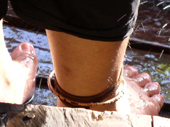 a close up view of a person standing in water