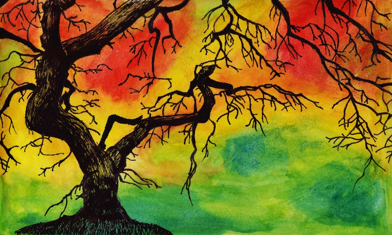 a painting of a colorful tree with yellow, red and green colors