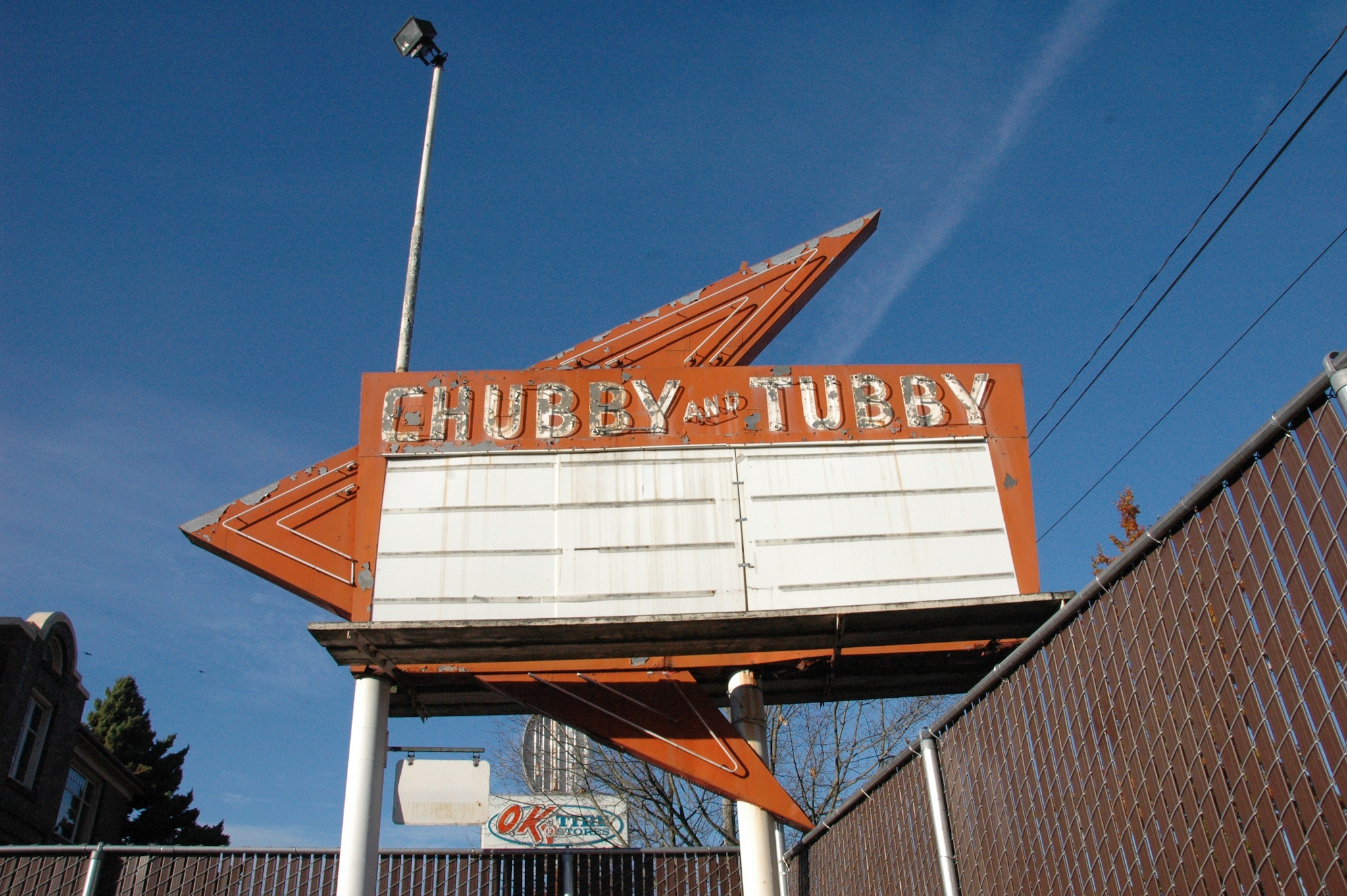 a theater sign for chubby - twiday sitting above an outside fence