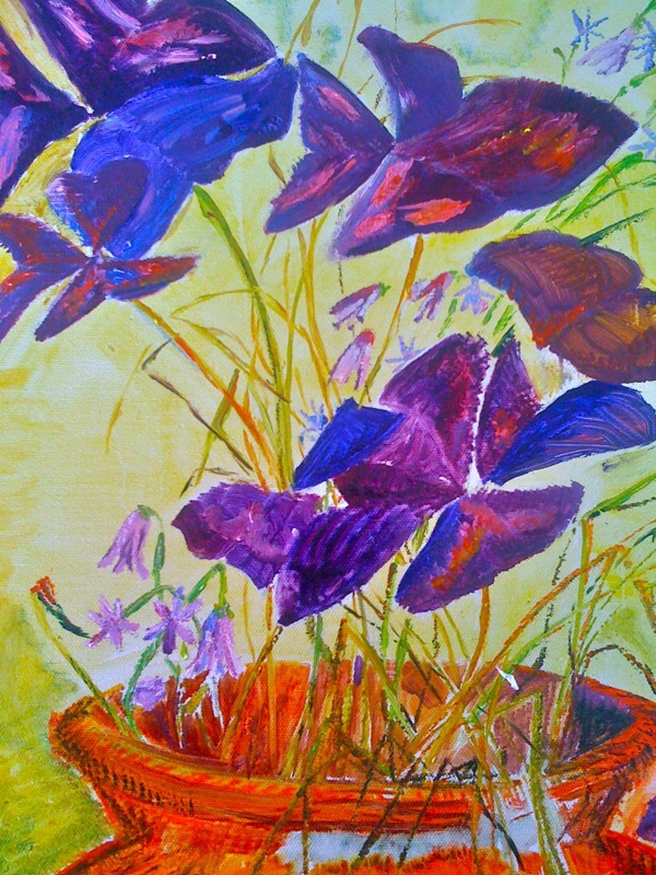 a painting shows purple flowers in a vase