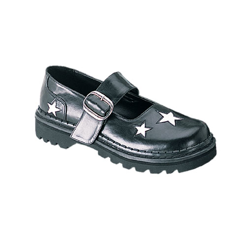 black leather shoe with white stars on it