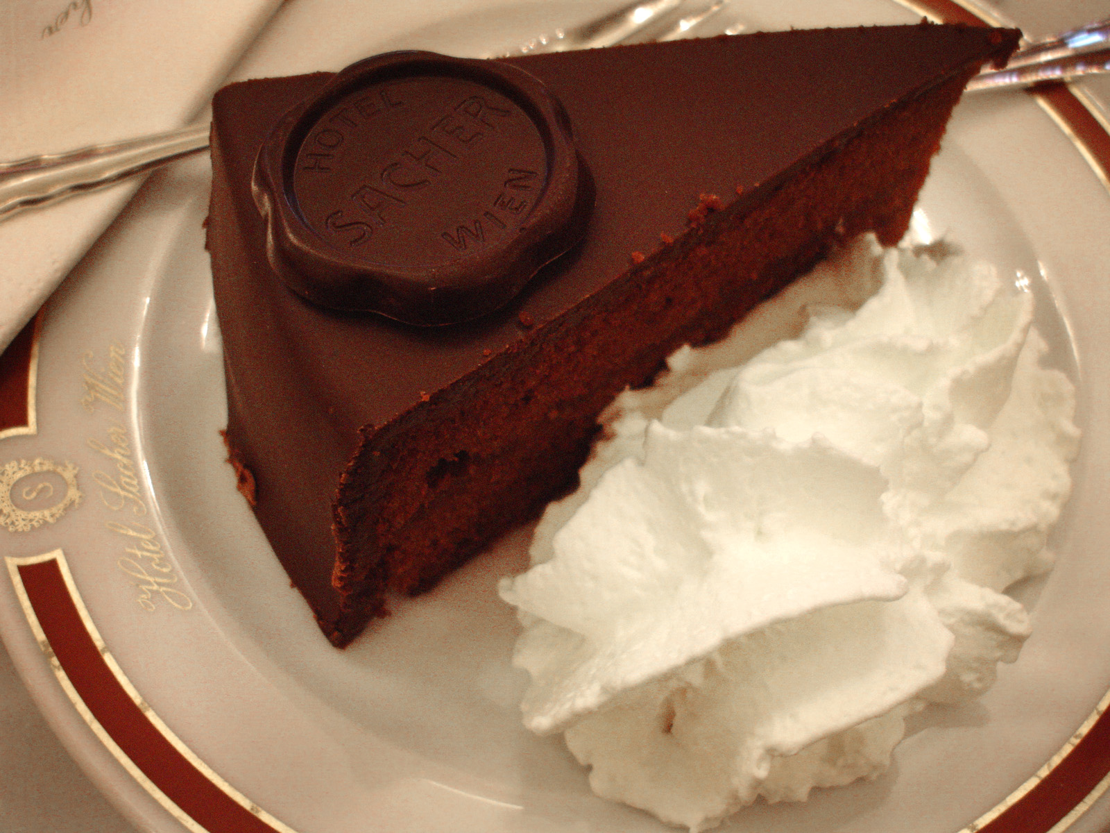 a slice of chocolate cheesecake on a plate with whipped cream