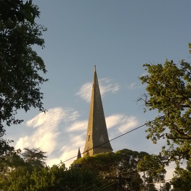 a tall tower in the sky next to trees