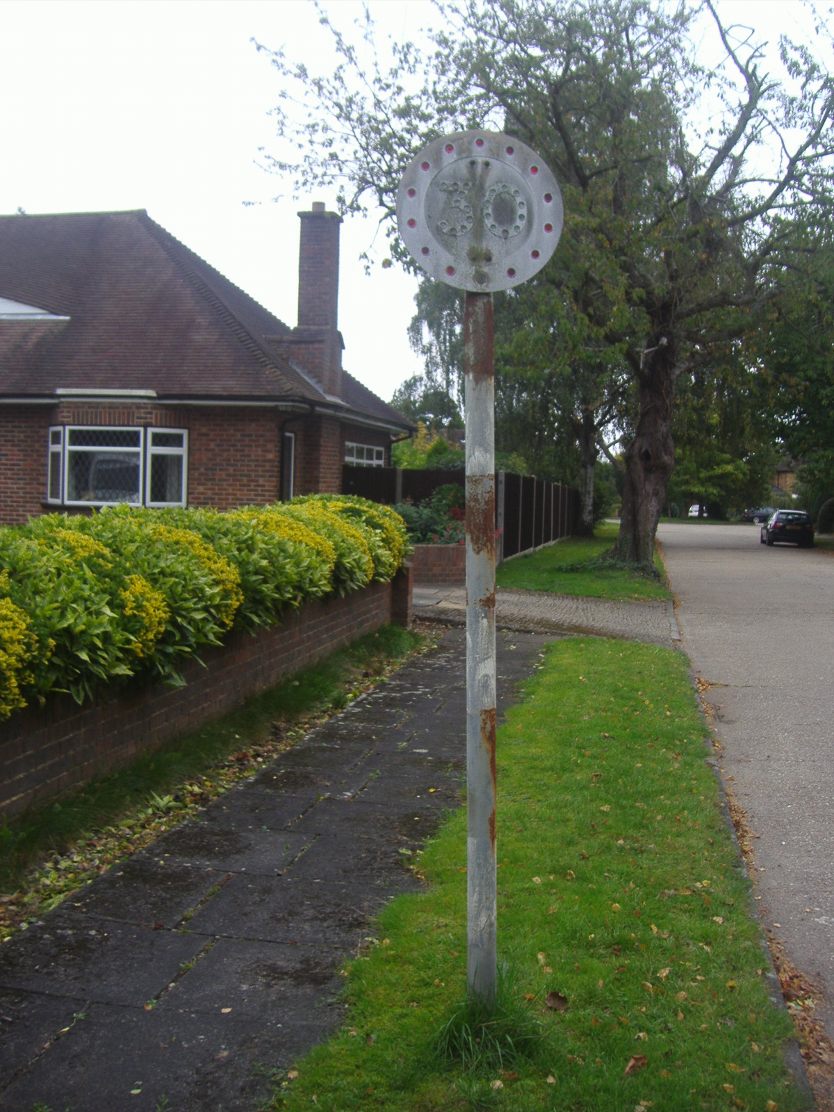 a tall pole sitting by a road next to a lush green park