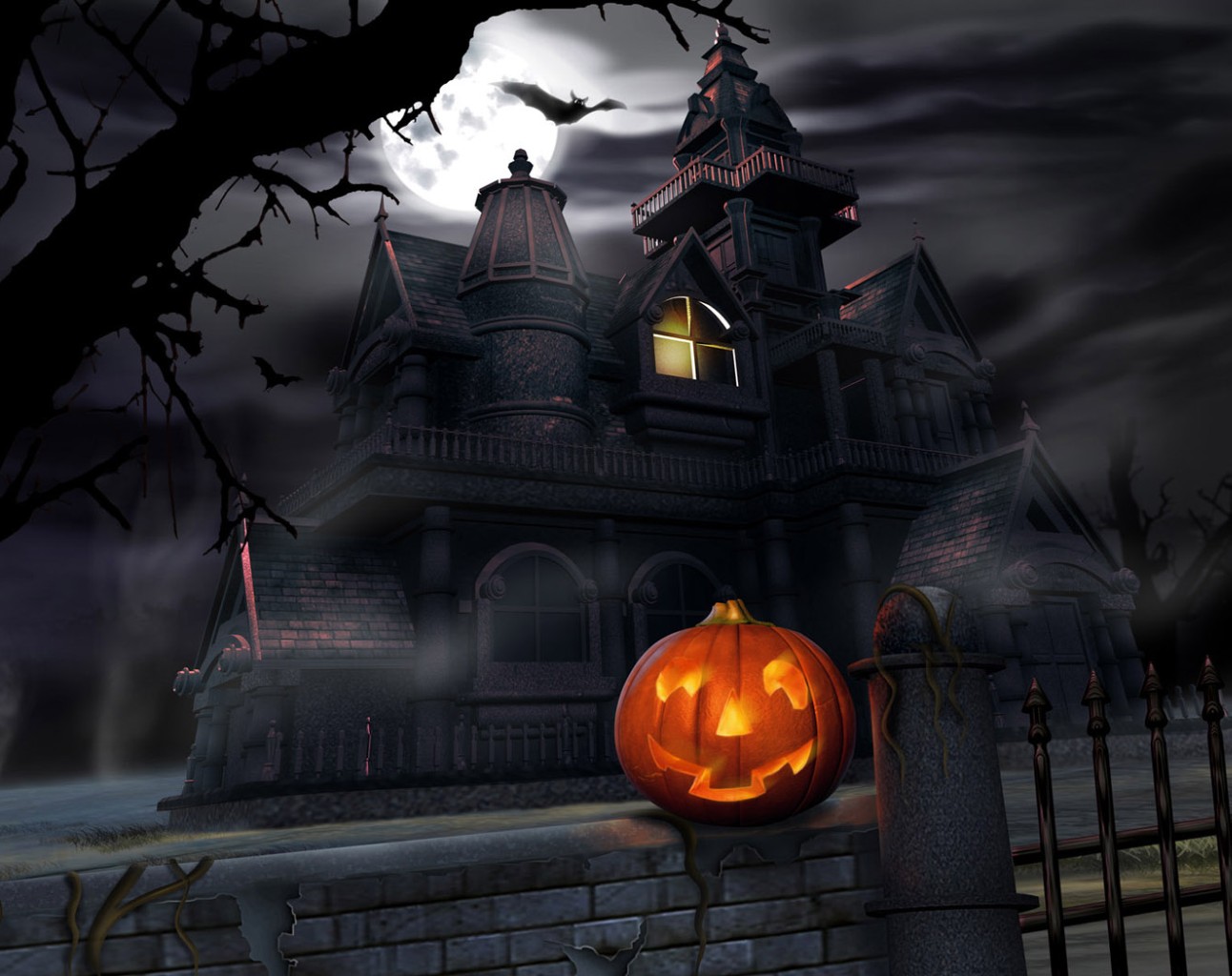 a scary house with a lighted pumpkin on the front