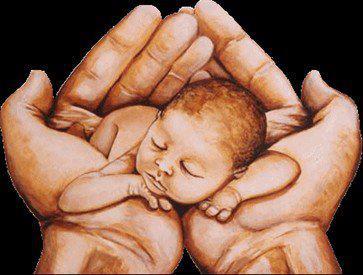 a painting of a person holding a small baby in their hands