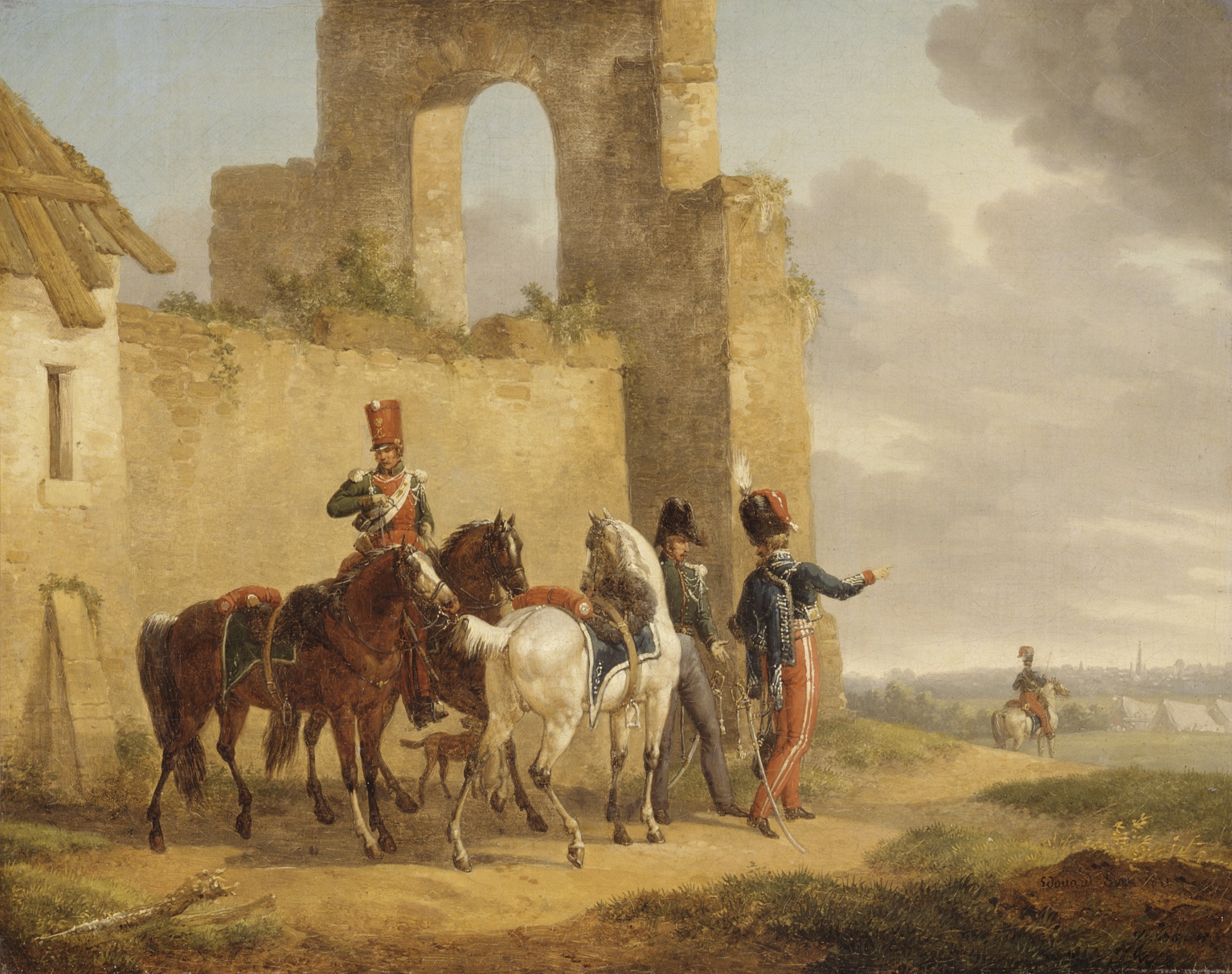 an oil painting of people in military garb standing outside a stone building with horses on the path
