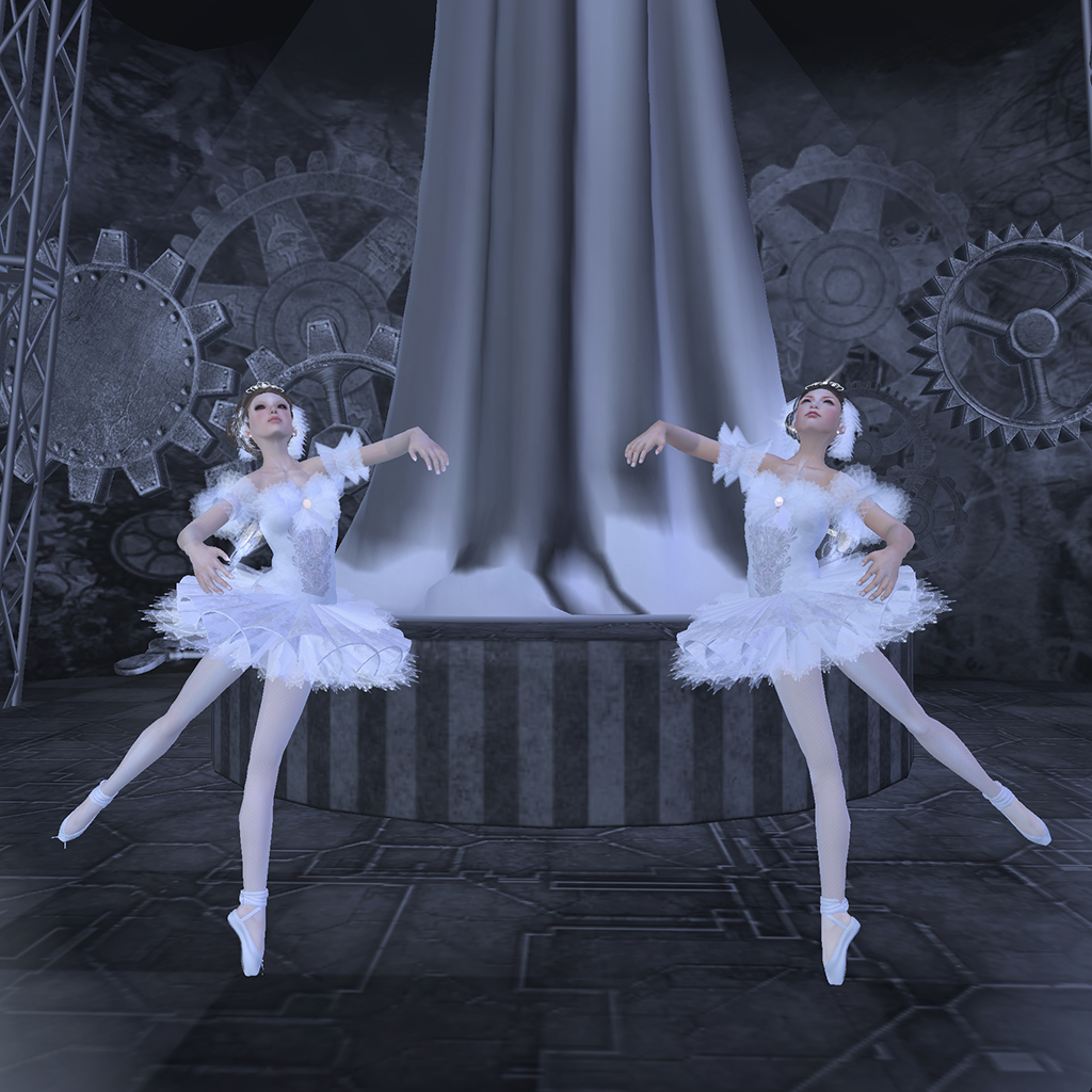 two ballerinas in a stage setting dressed in white