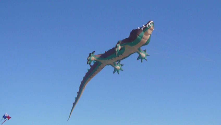 a large inflatable gecko flies through the sky