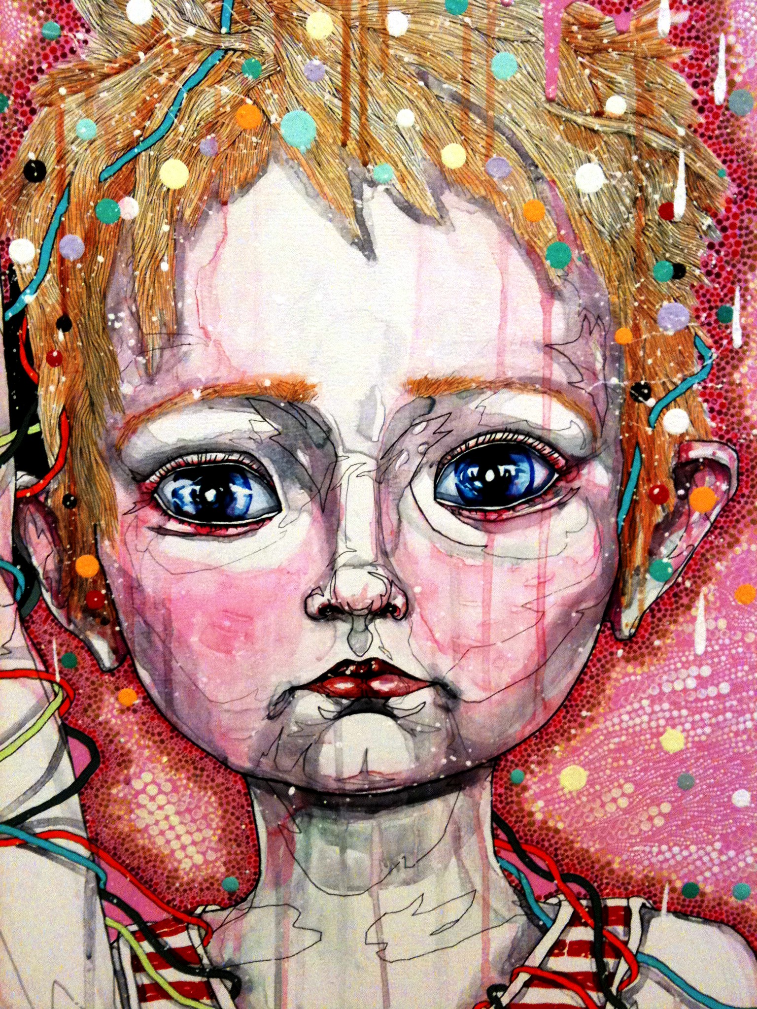 a painting that shows an image of a child's face with a pink background and gold and green