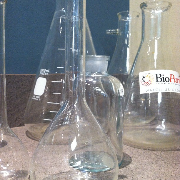 empty glass vases on a counter near another jug