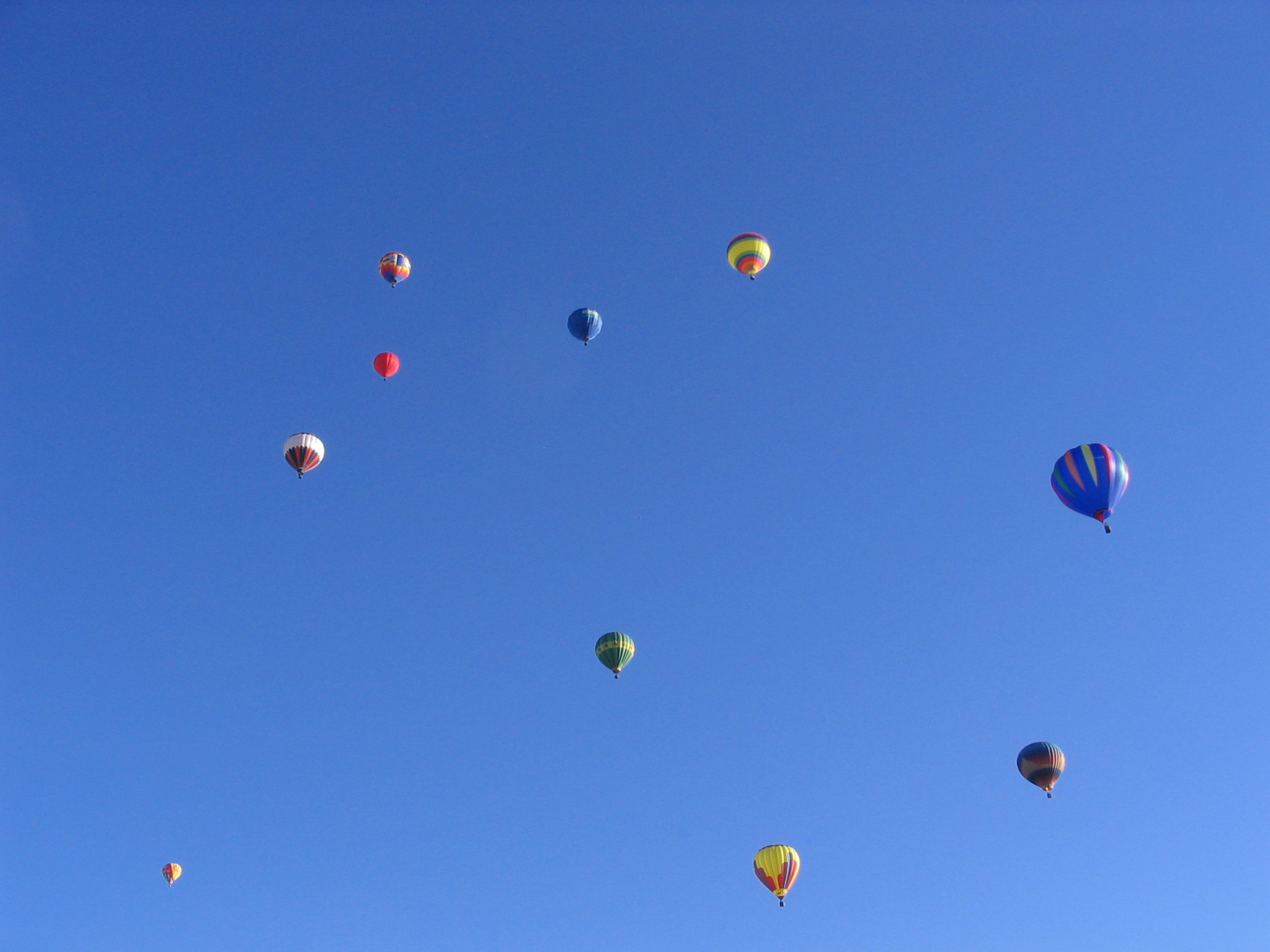 many colorful balloons flying in a clear sky