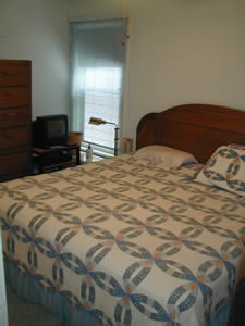 the room has a double sized bed, dresser and mirror in it