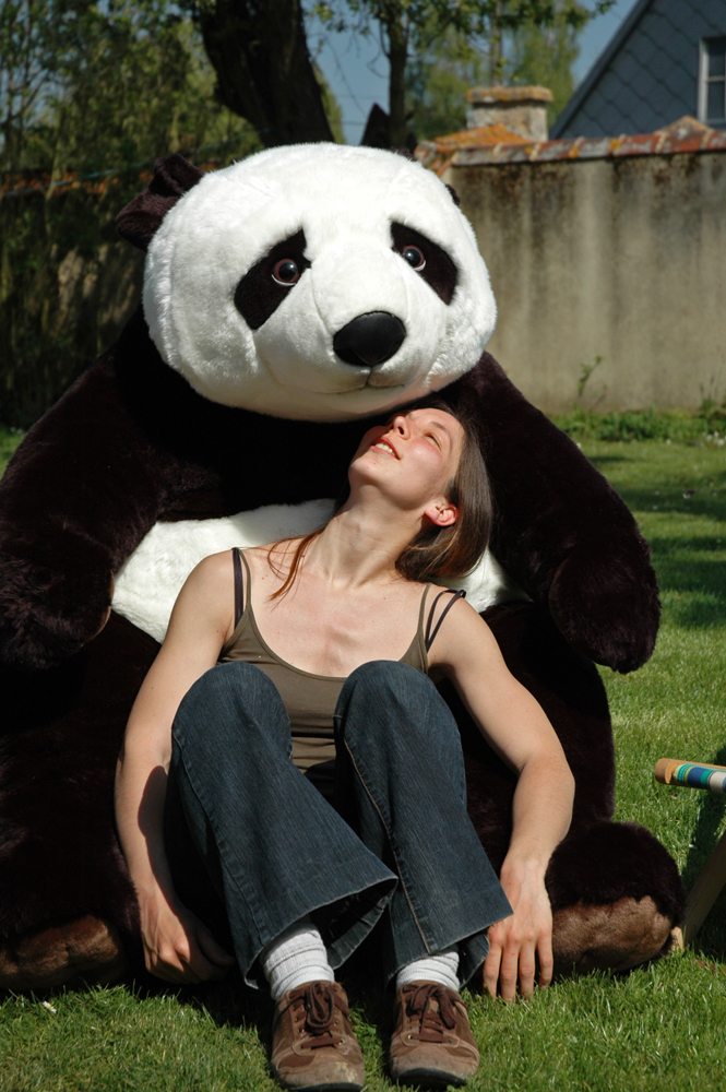 a person sitting on the grass next to a giant panda bear