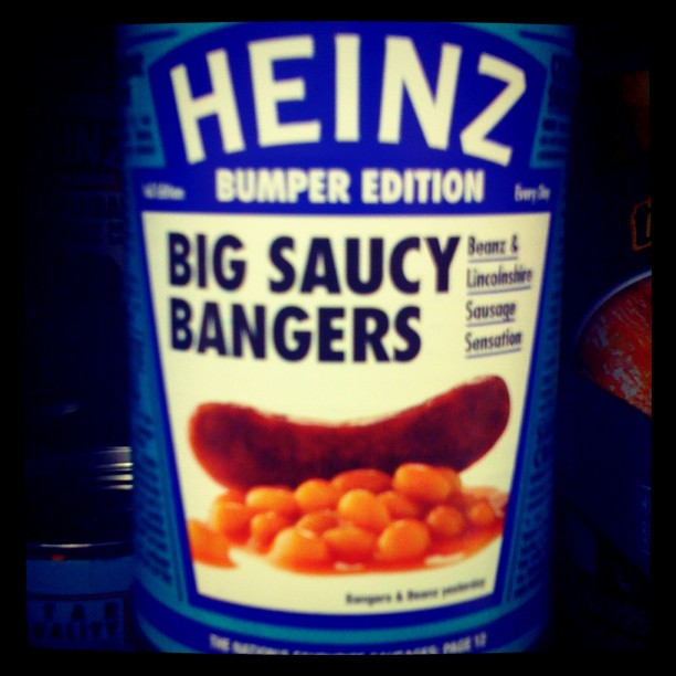 a jar of heinzz big saucy bangers, on the table