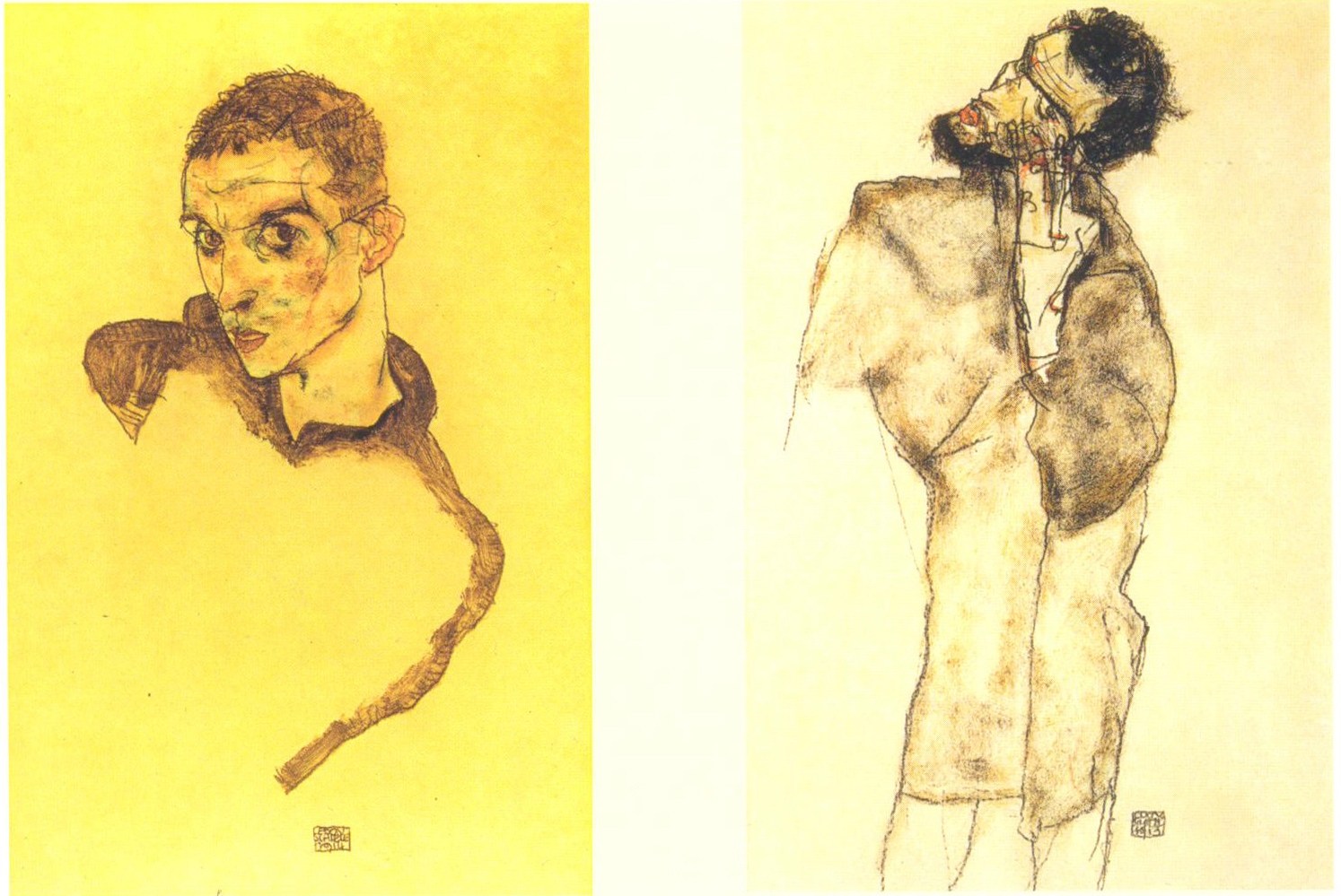 two drawings side by side one is wearing a hat, the other a white coat