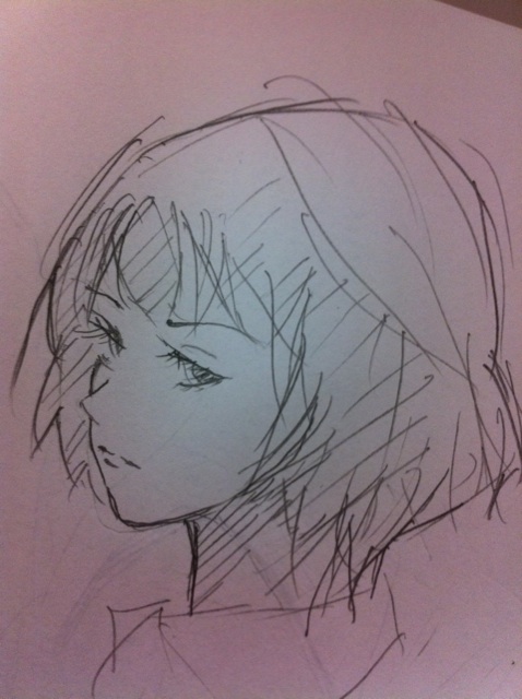sketching for the drawing of a woman's head with lines