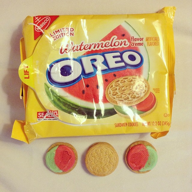 four cookies and a bag of oreo watermelon