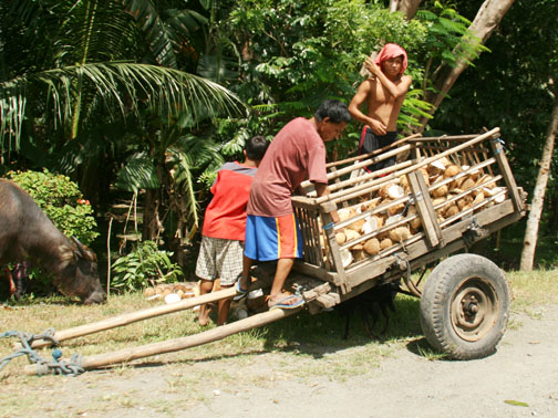 three people hing a wooden wagon full of supplies