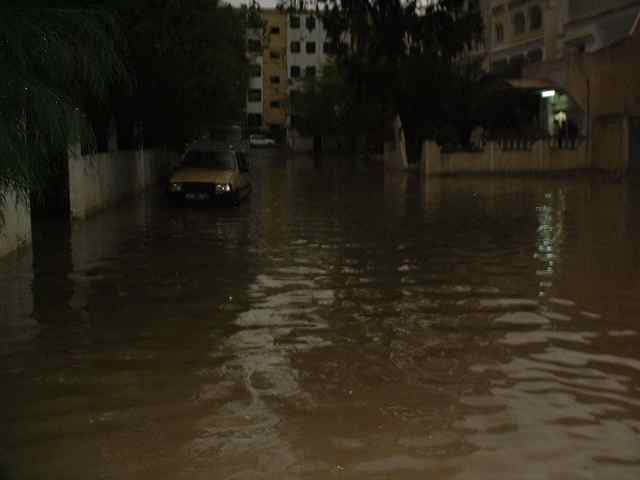 cars sit parked in a flooded street