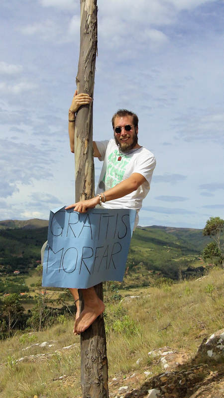 a man wearing glasses stands on a sign post with a wooden pole holding a board