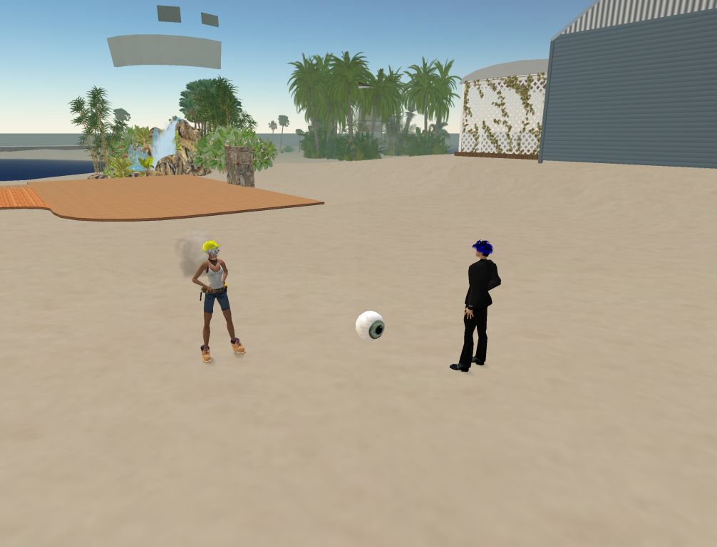 two animated people are playing with a soccer ball