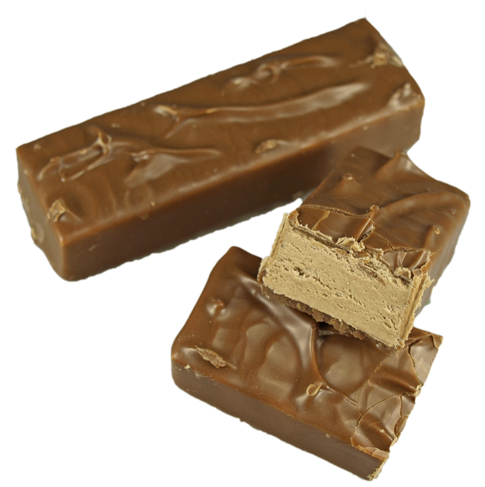 one of the bars is brown and the other is a half covered with peanut er