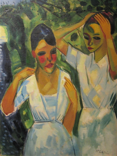 painting depicting two women in white clothing posing for the camera