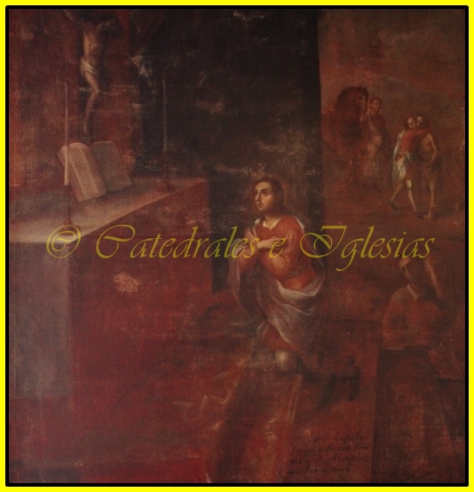 the painting shows the lady holding an old, broken sword