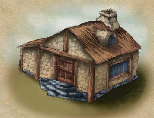 a very cute house with a roof and a water fall