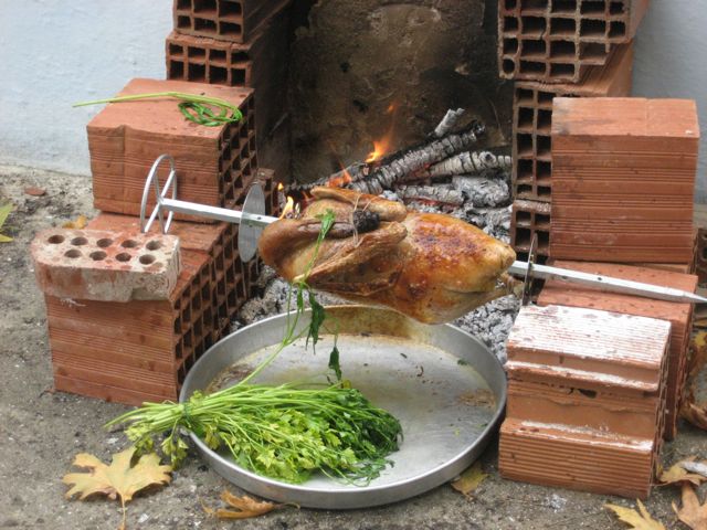 a turkey being cooked over an open fire place