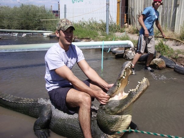 a man on a boat has his hand on an alligator