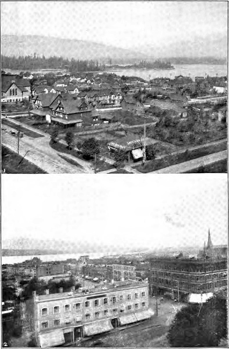 a view from the top and bottom of an old building with a lake in the background