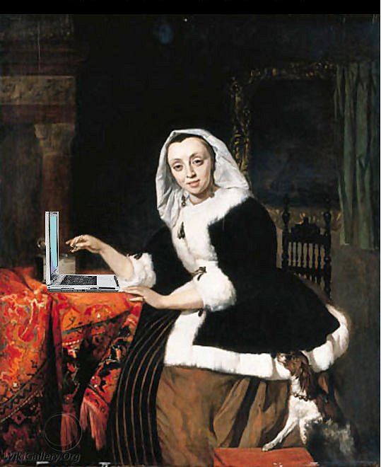 this painting depicts an old woman typing on a laptop