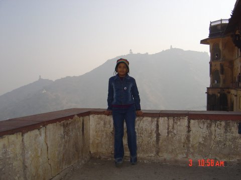 a person is standing on a wall that has some mountains in the background