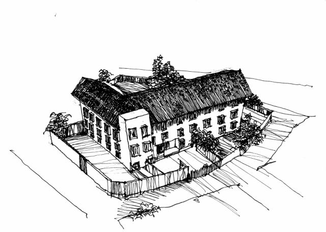 an architectural drawing of a home in the woods