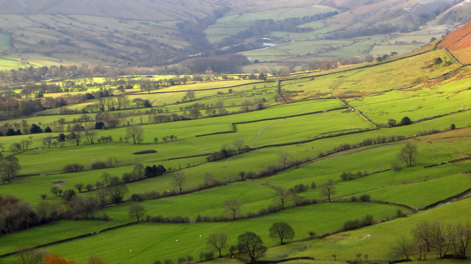 a valley surrounded by lush green rolling hills