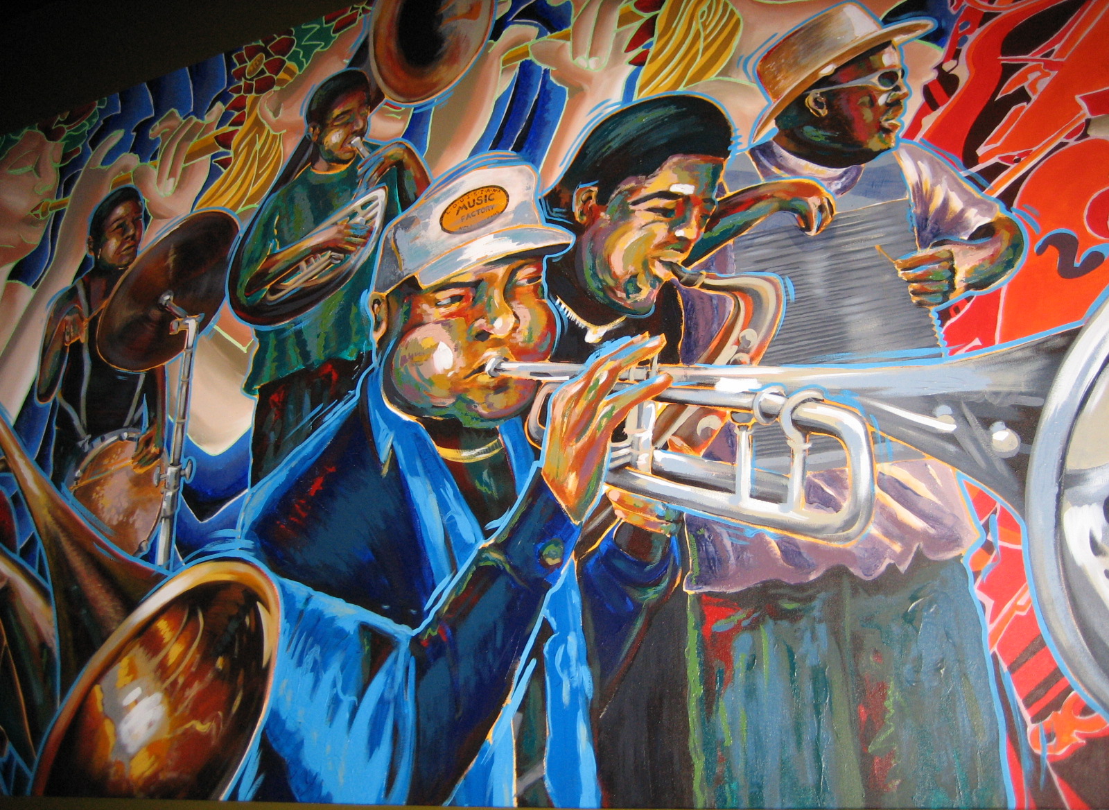 this is an image of a mural with a trumpet