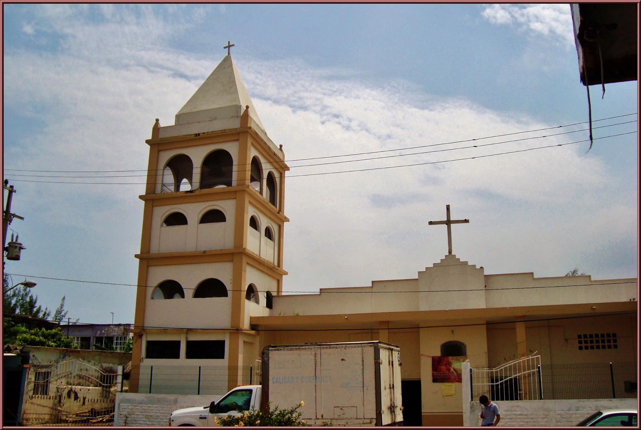 the church has white arches with windows