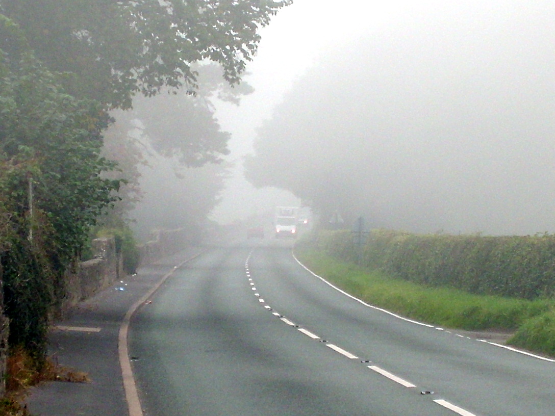 a foggy road winds through the countryside in england