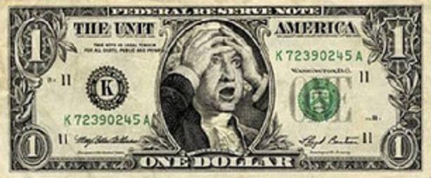 an one dollar bill with an image of a man covering his face with hands